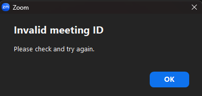 invalid meeting id in zoom